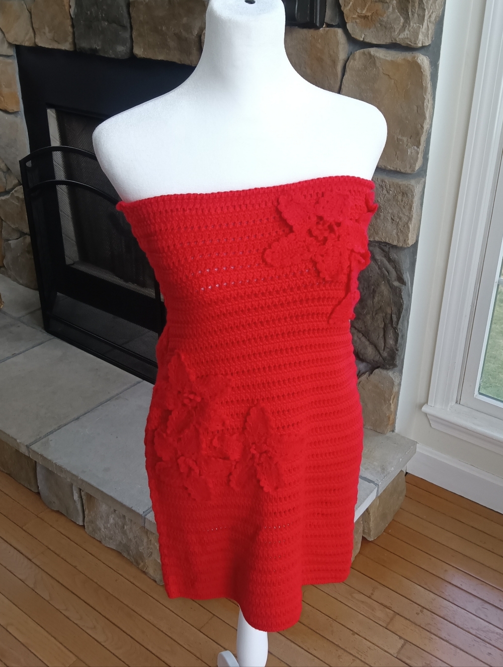 Peppermayo Red Strapless Crochet Floral Dress